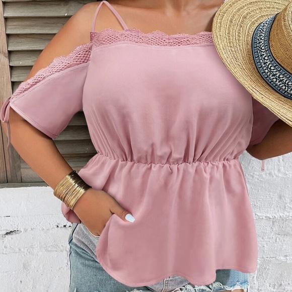 Plus Cold Shoulder Lace Blouse Navy Blue - Picture 7 of 14